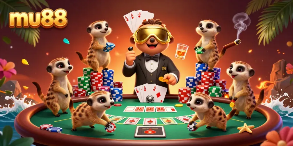 Join the exhilarating fun at mu88 casino with meerkats running the action on a bustling gaming floor.