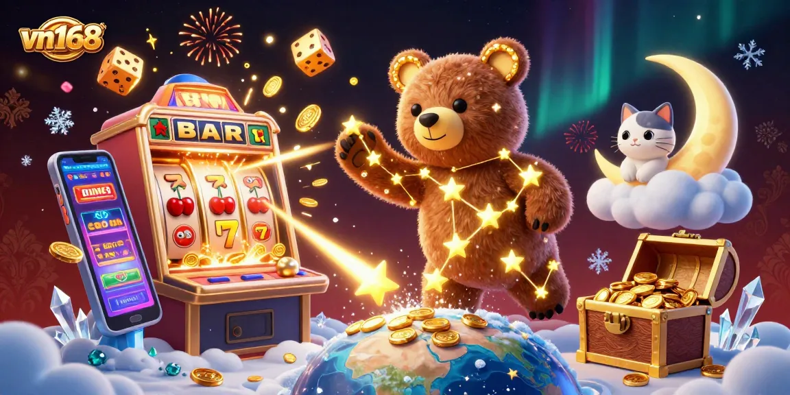 Experience thrilling wins at vn168 with a constellation bear scooping coins amidst vibrant casino excitement.