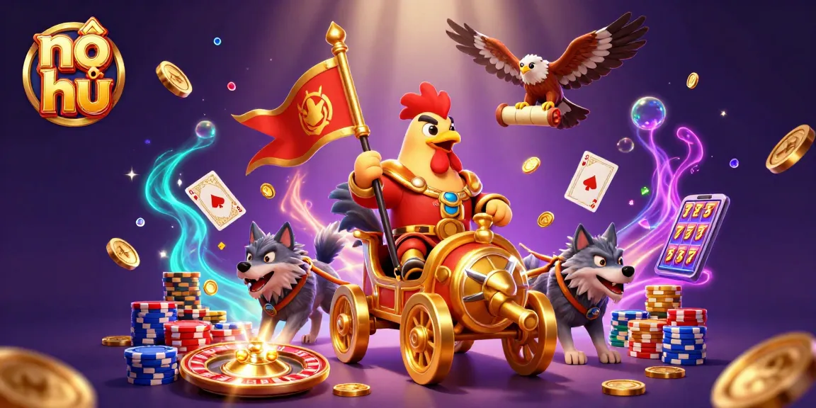 Spin jackpots at nổ hũ with a rooster warlord and magical casino elements in a vibrant 3D scene.
