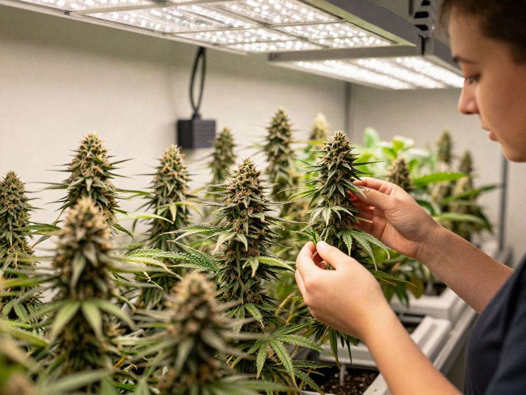 Premium indoor-grown Alienlab cannabis strains thriving in a modern grow room.