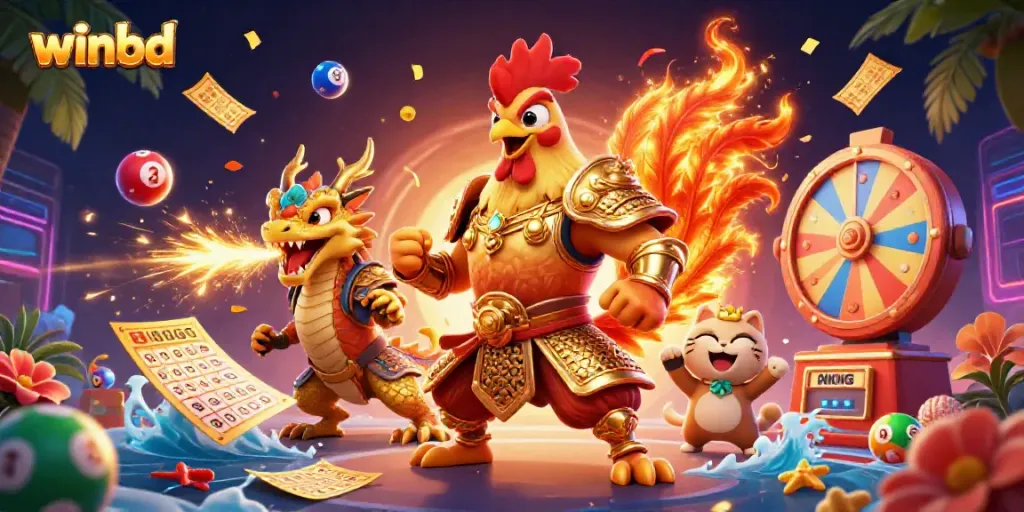 Experience winbd's gaming excitement with a fierce samurai rooster and dragon in an electrifying casino scene.
