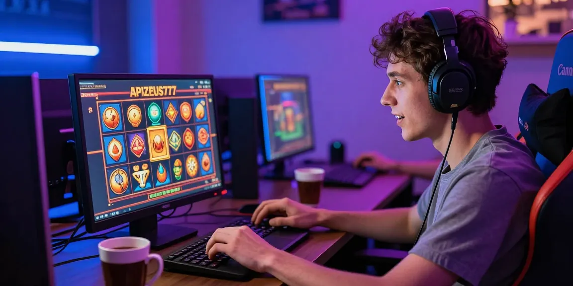 Player immersed in an exciting gaming experience on apizeus777 platform, surrounded by colorful slot machine icons and bonuses.