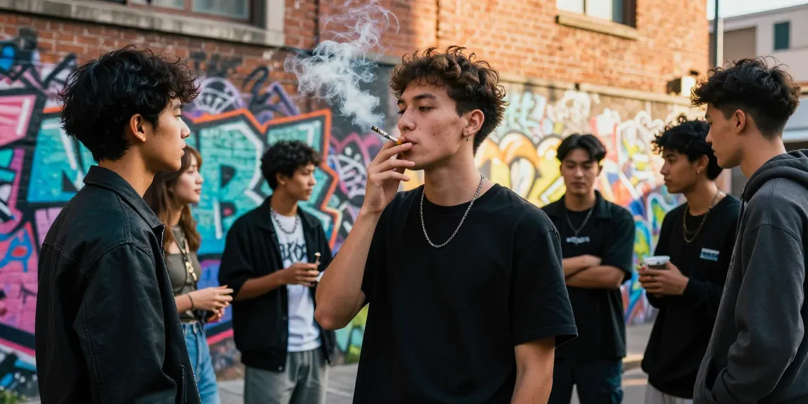 Young adult enjoying rokok 88 cigarette in vibrant urban street scene.