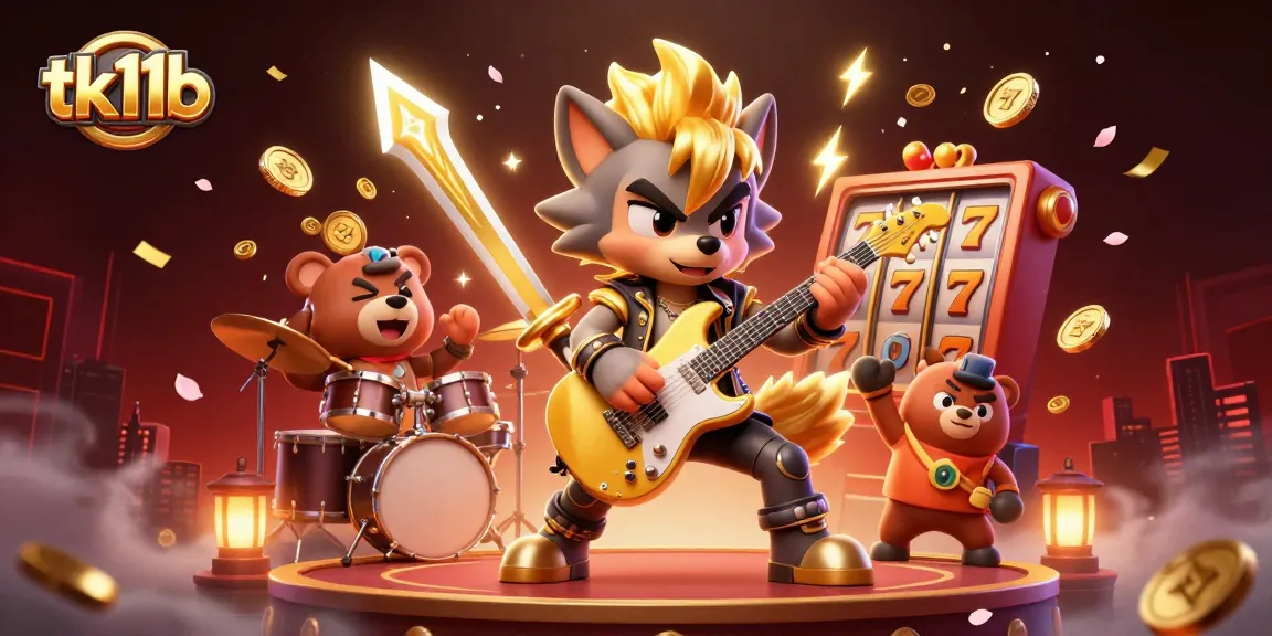 tk11b showcases an energetic scene with a wolf rock star and bear drummer among slot machine reels and golden confetti.