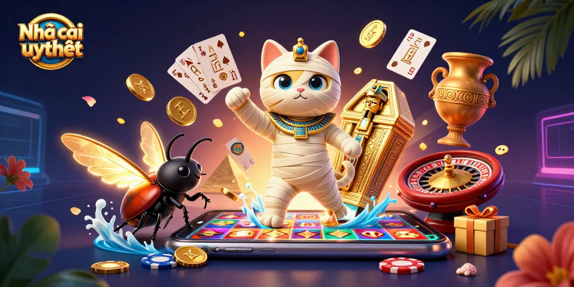 Engage with Nhà cái uy tín through a stunning casino-themed 3D illustration featuring an Egyptian mummy and casino elements.