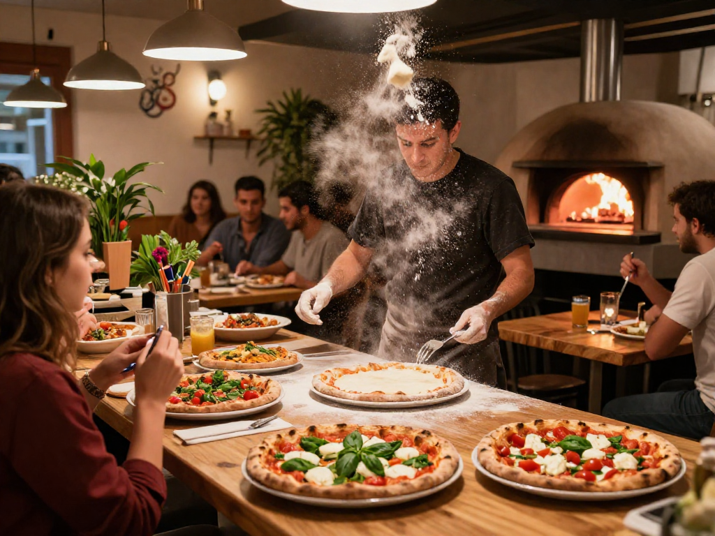 Tossing pizza dough in a vibrant pizzeria with fresh toppings and warm ambiance, showcasing the culinary art of creating the perfect slot.