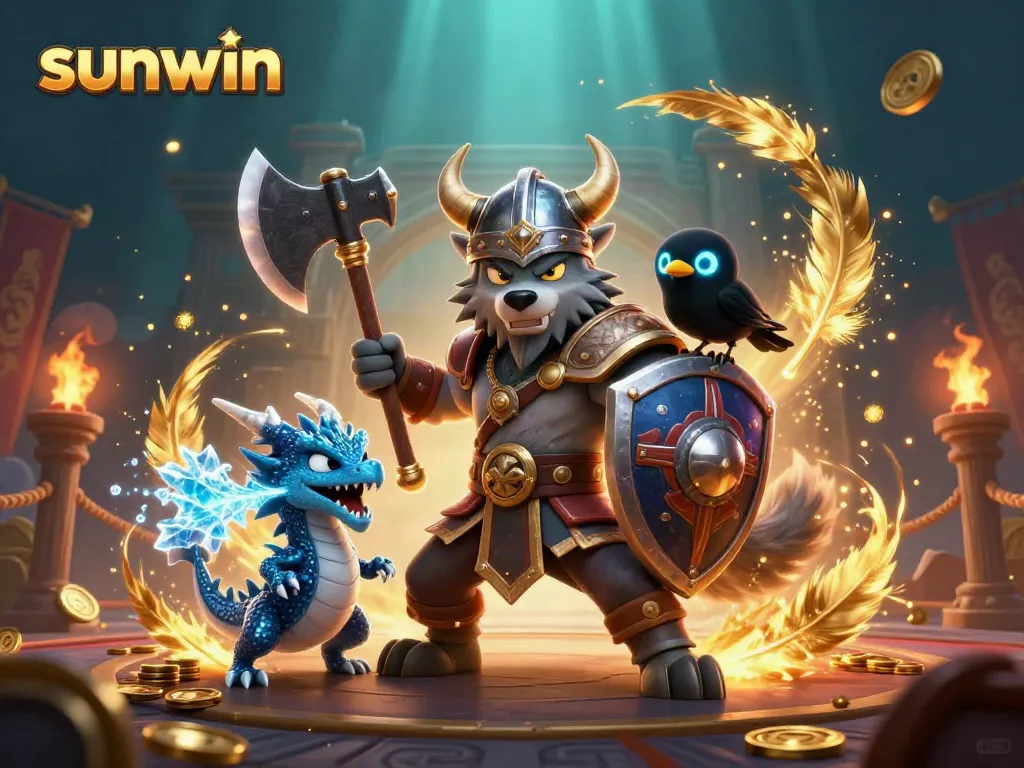 Experience the dynamic action of sunwin with cartoon Viking, fierce dragon, and glowing raven in a vibrant casino scene.