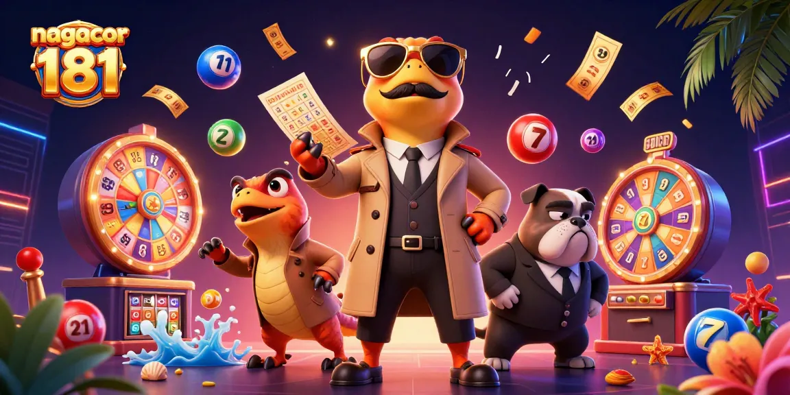 Explore nagacor 181's vibrant casino scene featuring three raptors in a trench coat, interacting with dynamic lottery elements.
