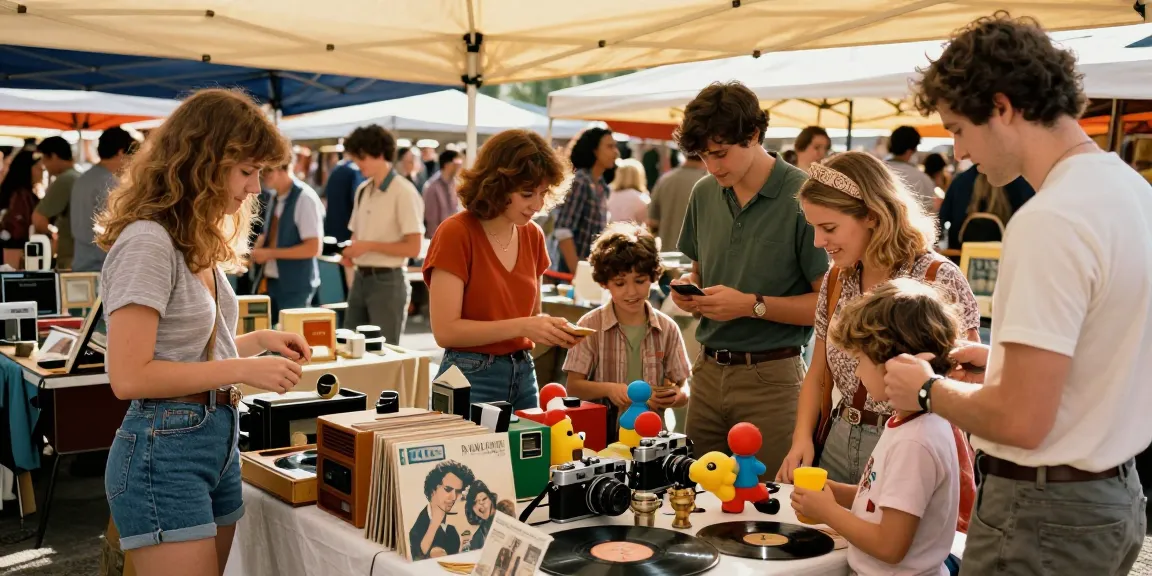 Browsing nostalgic second-hand items at a vintage market highlighting rokok88