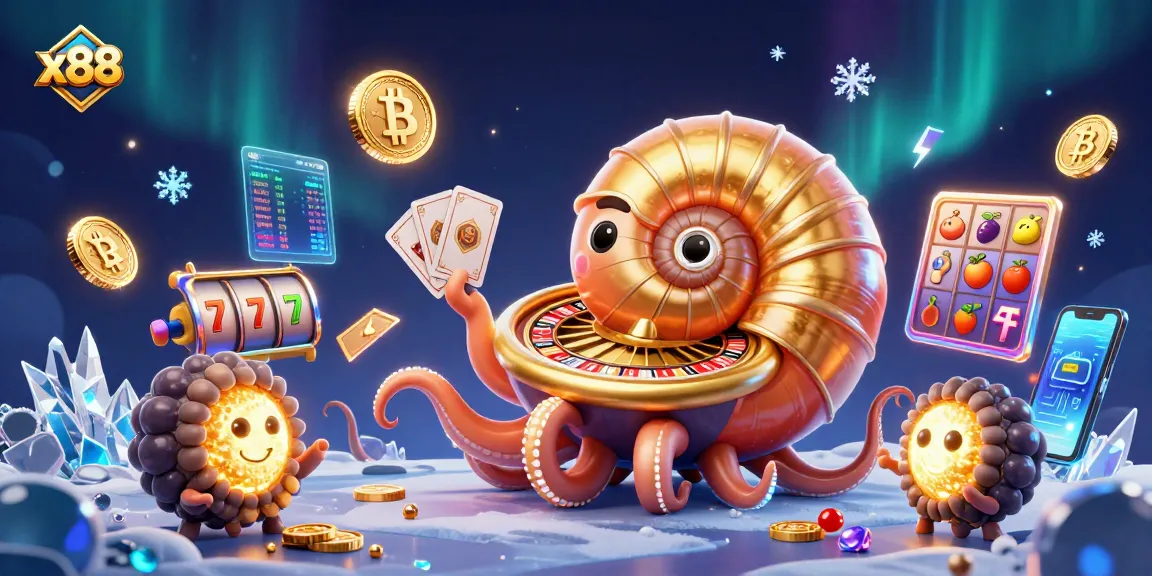 Experience thrilling x88 slots with an ancient nautilus roulette, glowing crypto coins, and vibrant fruit symbols.