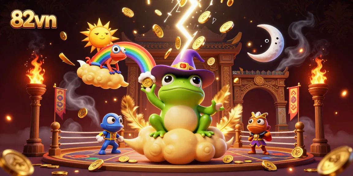Engage in thrilling gameplay with 82vn, featuring a wizard frog and chameleon amidst a golden storm.