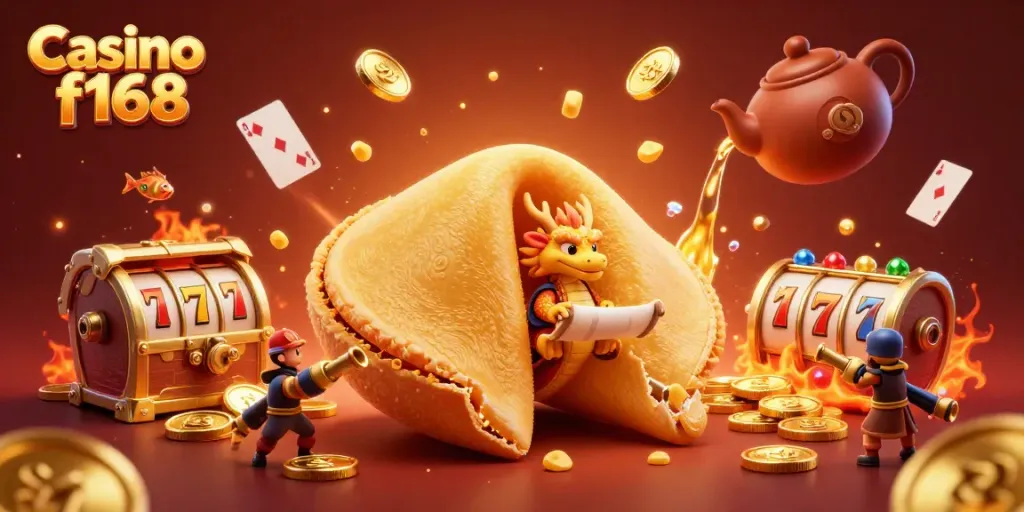 Experience exciting moments at Casino f168 with gold coins, vibrant gems, and animated characters in a stunning 3D scene.