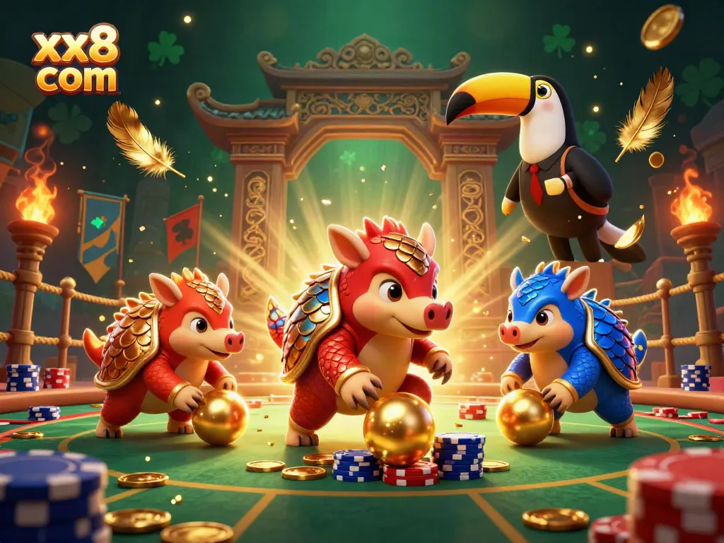 Engaging rivalry at the xx8 com casino with pangolins in colorful armor amidst poker chips and gold coins.