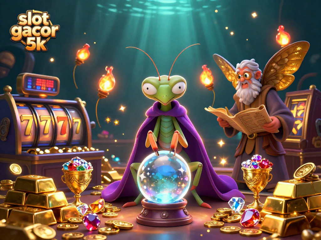 Spin winning reels with slot gacor 5k, featuring whimsical characters, gems, and colorful casino elements.