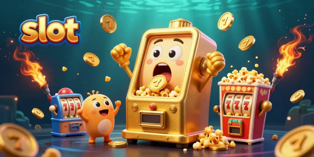 Slot machine celebrating jackpot win with gold coins and cheering mini machines.
