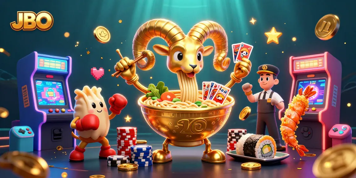 Experience vibrant JBO casino action with a golden ramen bowl dealer surrounded by engaging game elements.