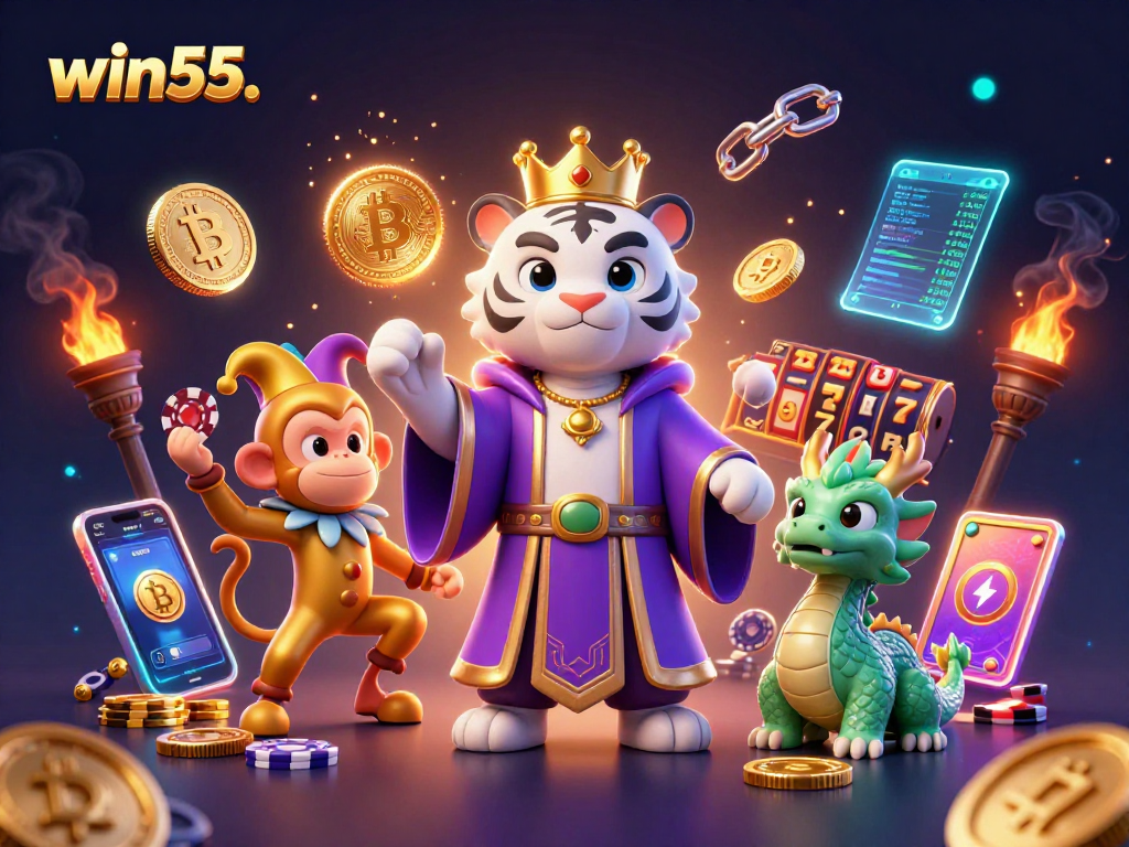 Engage with win55. in an animated casino scene featuring a royal tiger and playful monkey.