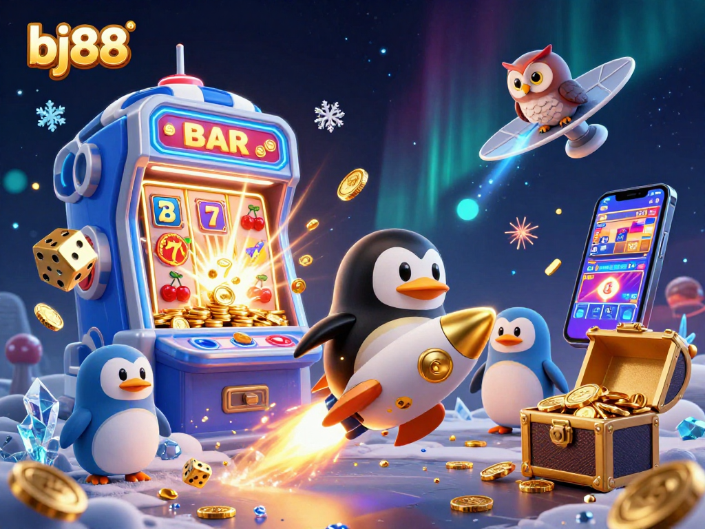 Engage with a vibrant bj88 scene featuring a golden penguin and thrilling casino elements.