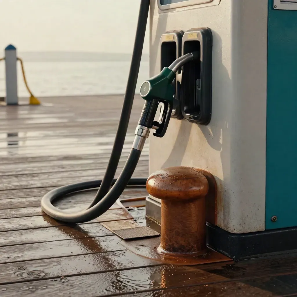 Fuel dock nozzle, coiled hose and bollard on a wet marina dock with teal bumper and soft reflections.