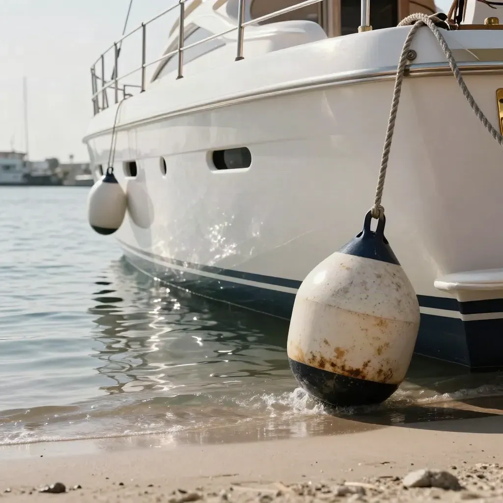 Large yacht on taut mooring lines, buoy and chafe guard, low angle over rippling water.