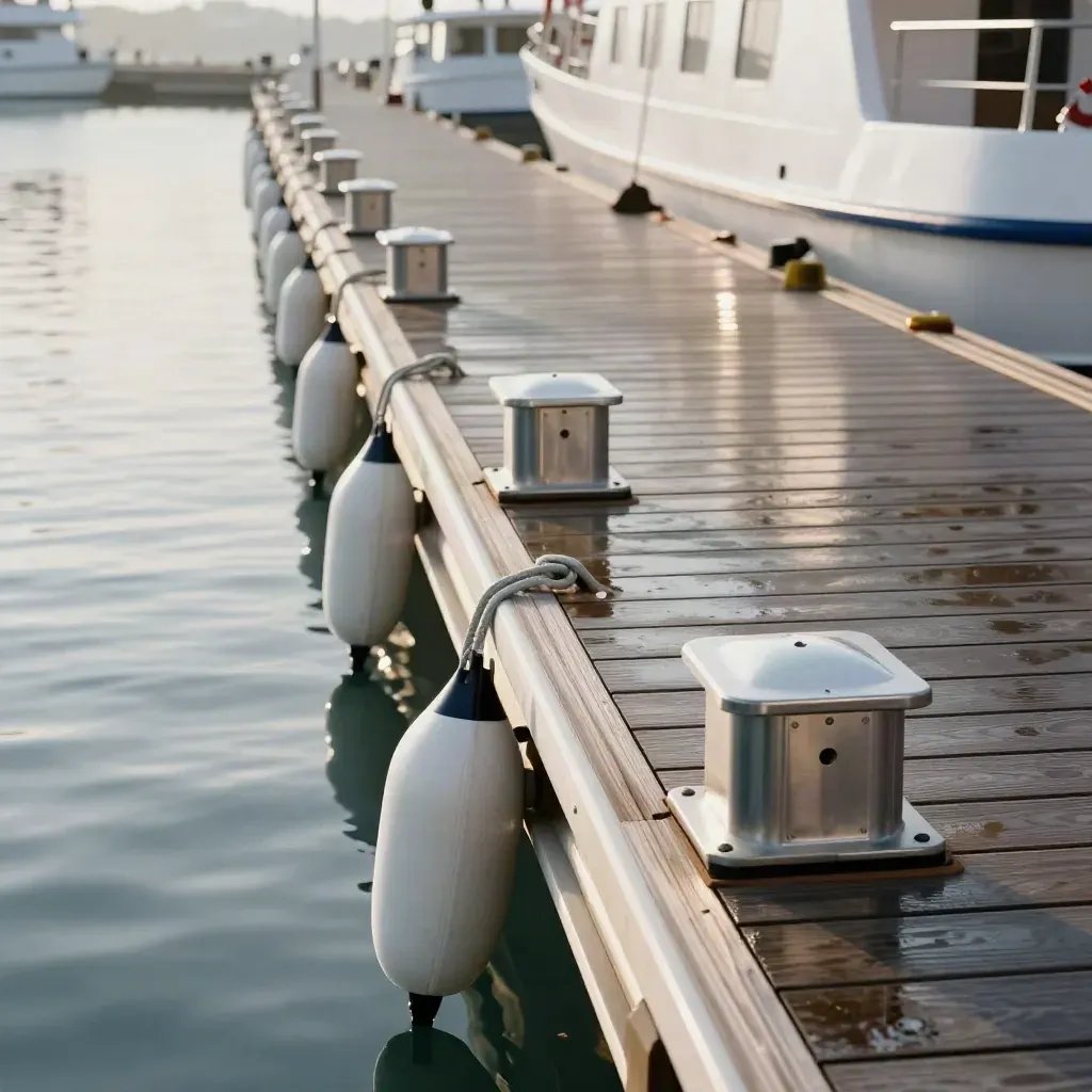 Reserved marina slips with power pedestals, white fenders, and wet wood in soft morning light.