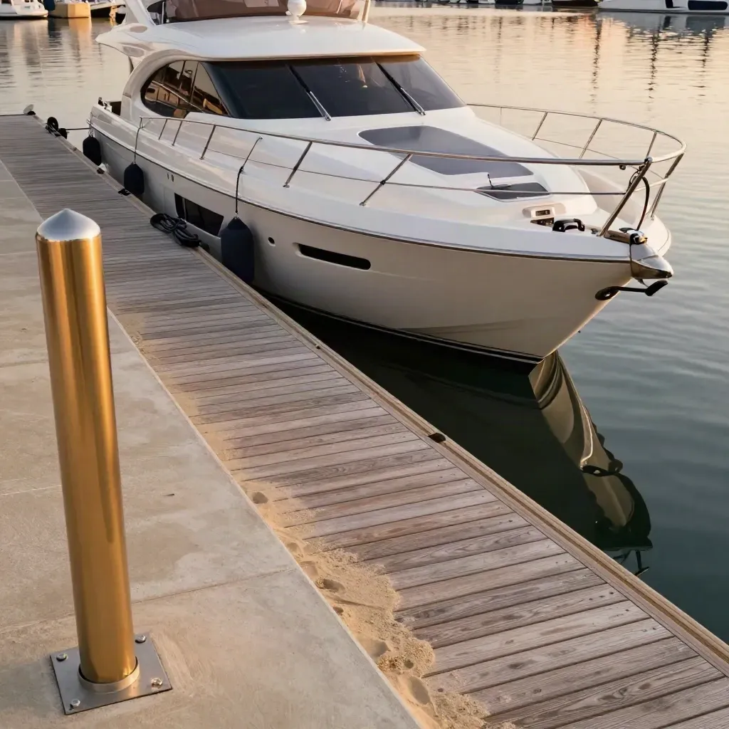 Visiting yacht in a clean berth beside shore power and coiled dock lines at twilight.