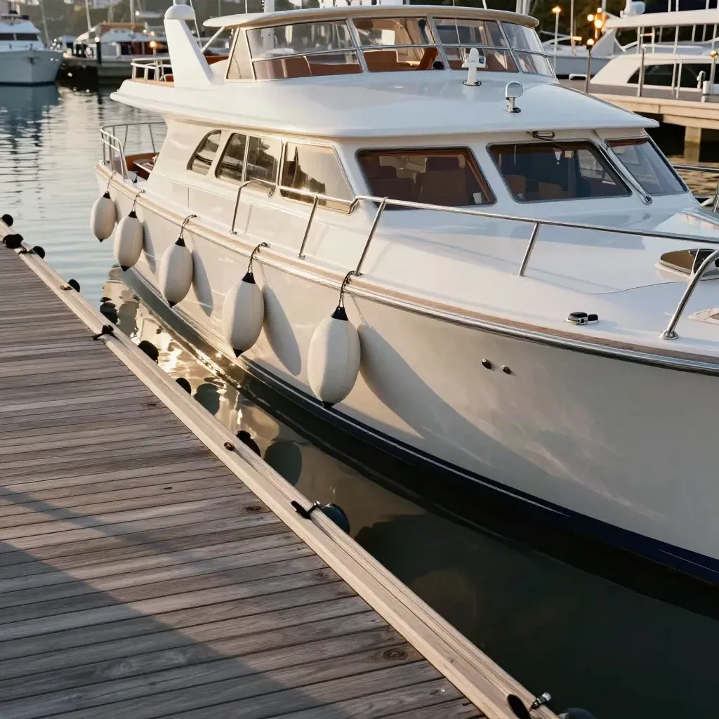 Yacht settled neatly into a marina slip beside pilings and calm water in warm afternoon light.