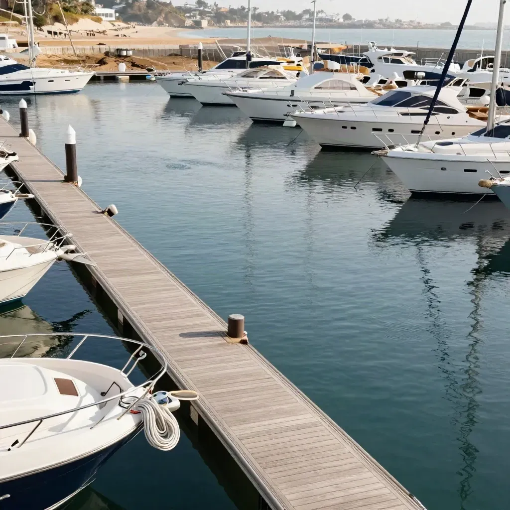 Late-morning marina basin with docked yachts, fuel lane and wake ripples in warm haze.