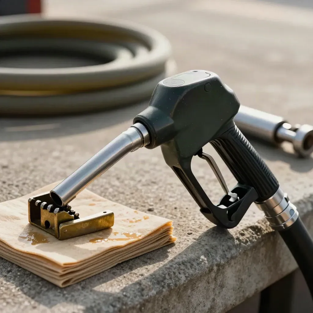 Fuel nozzle, bonding clamp, and absorbent pads on a dockside ledge in hard skimming light.