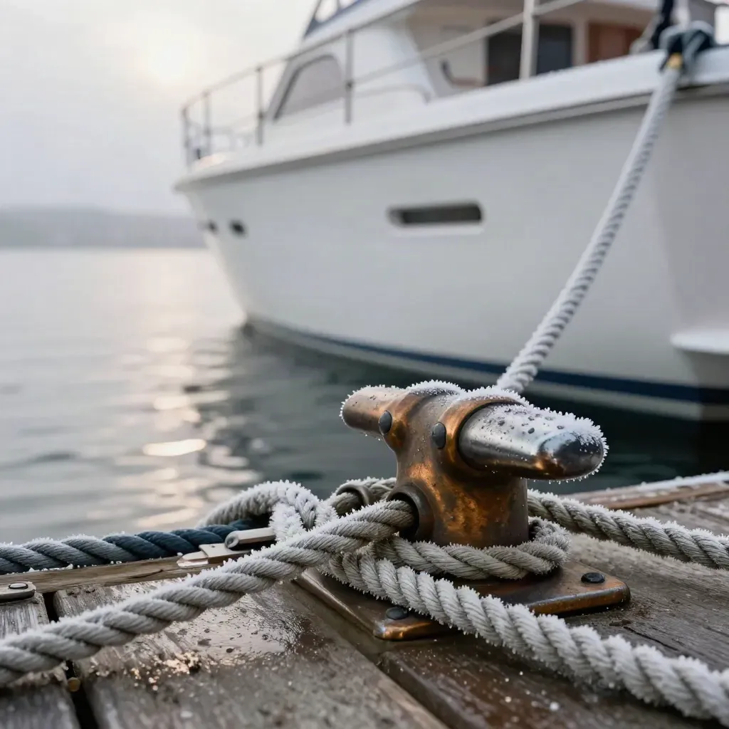 Winter mooring lines and chafe gear protecting a yacht in a calm gray harbor.