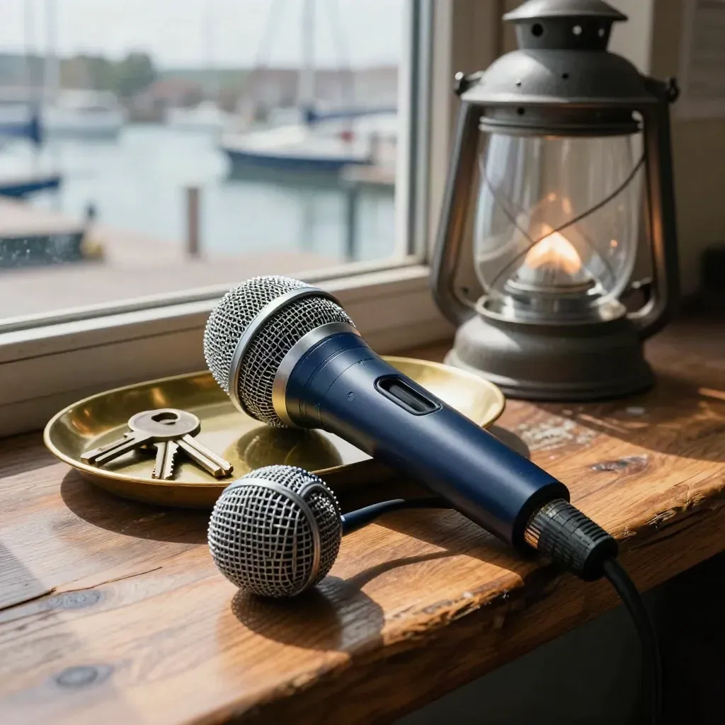 Radio, brass key tray and dock lantern on a teak marina ledge in dramatic side light