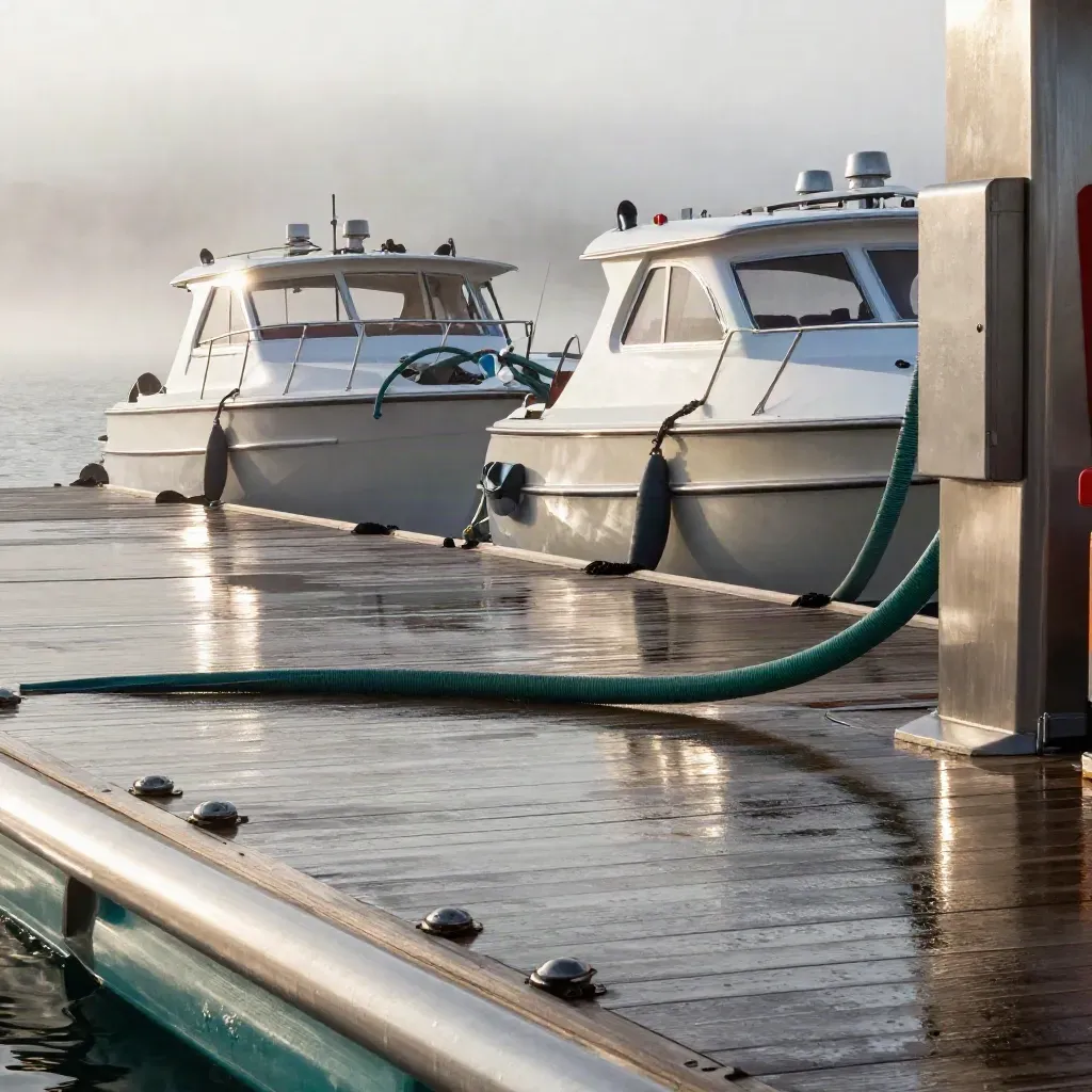 Two charter boats at the fuel dock before sunrise, mist and reflections on wet decks.