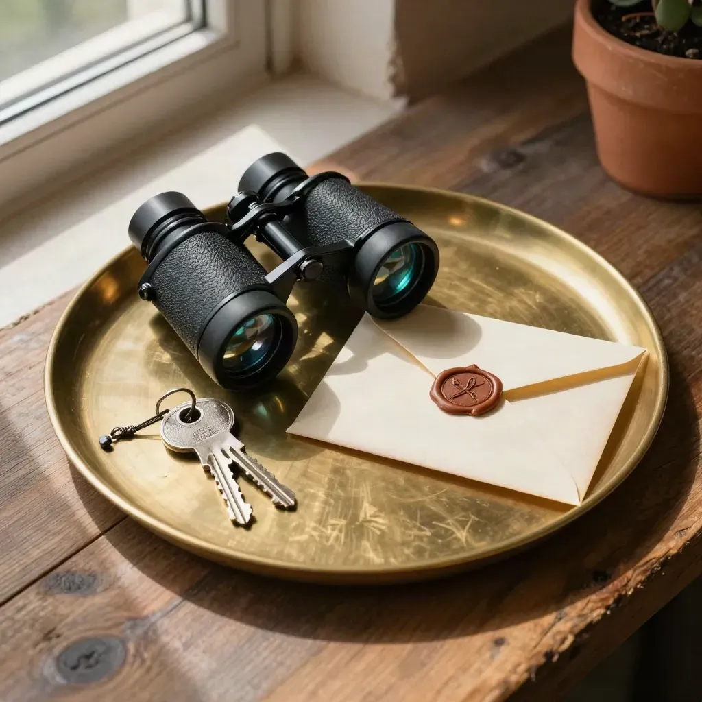 Overhead still life of a concierge key tray, binoculars, and a sealed welcome envelope on teak.