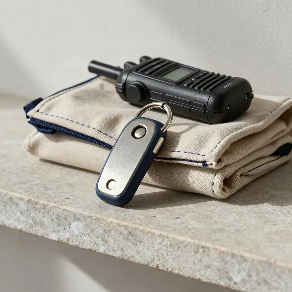 Stone shelf still life: vessel key fob, marina pouch and VHF radio in soft navy and grey.