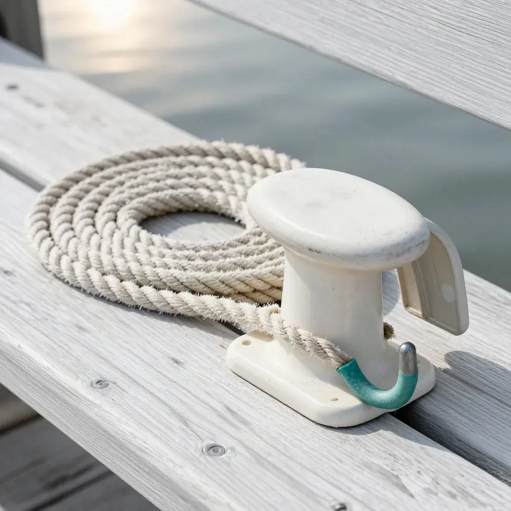 White fender, coiled spring line, and boathook on a dock bench in soft daylight.
