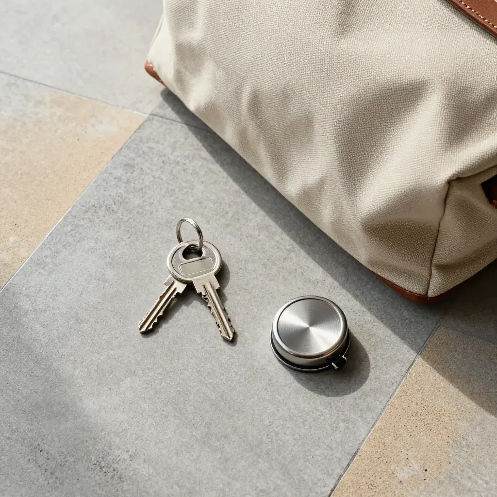 Overhead flatlay of marina key ring, canvas dock bag, and polished fuel cap on concrete.