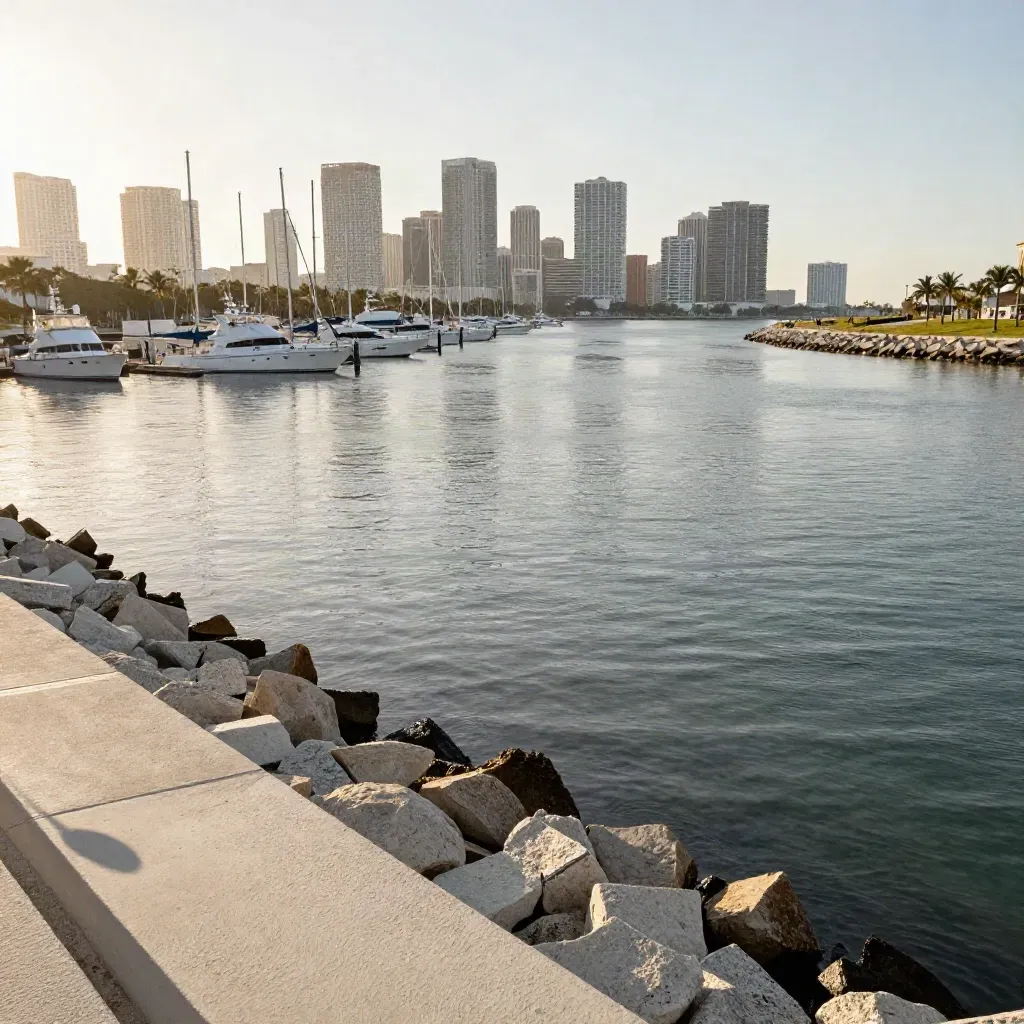 Golden-hour Fort Lauderdale inlet with marina masts, barrier island, and calm water.