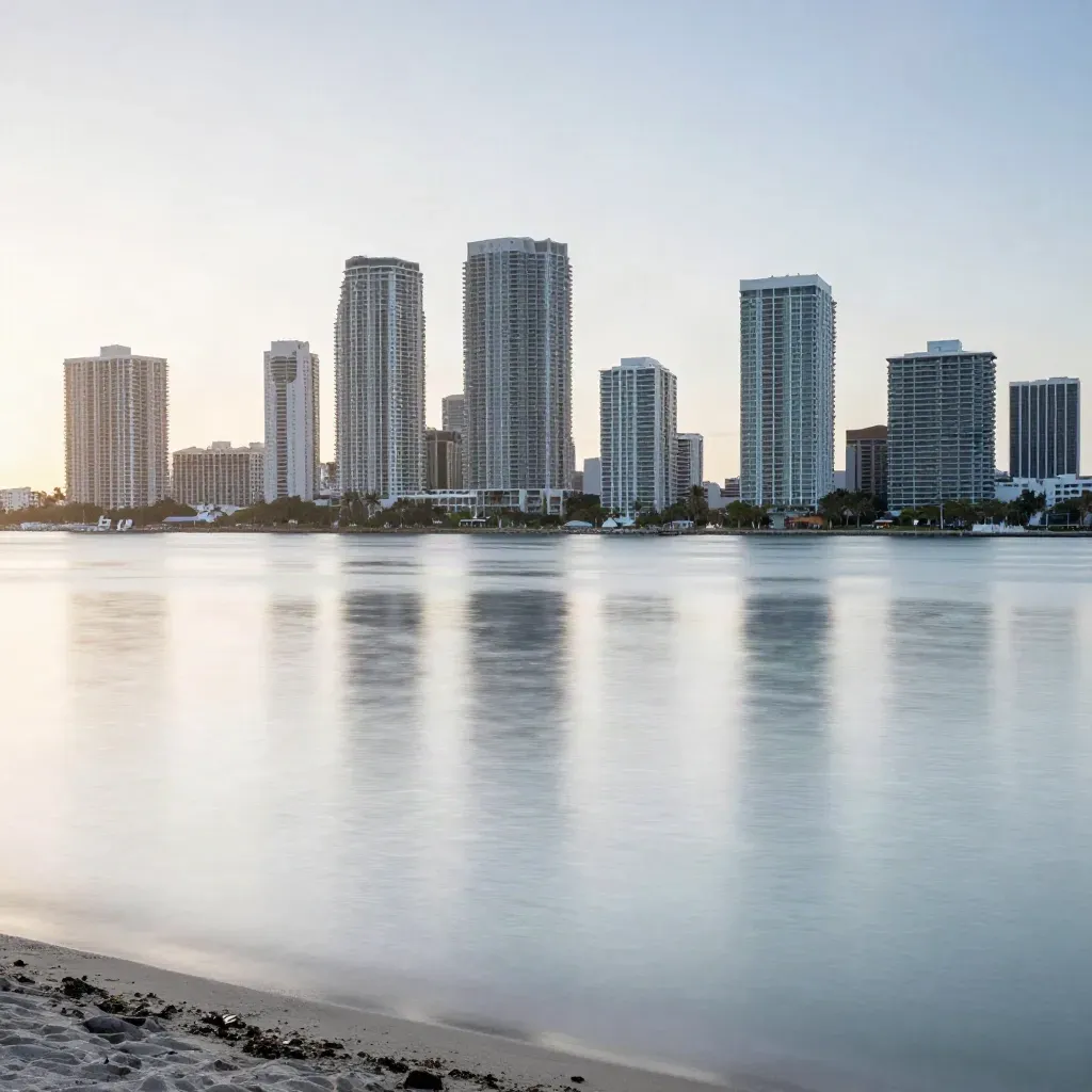 Miami skyline glowing over Biscayne Bay with calm reflective water and pale seawall.