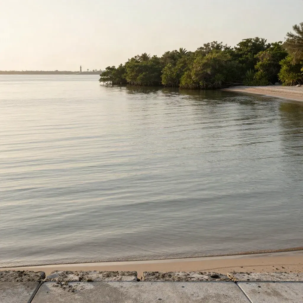 Calm Broward Bay waterway with mangroves, distant lighthouse point, and warm hazy light.