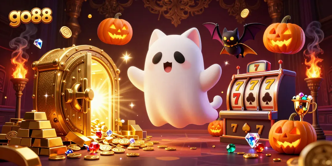 Win big at go88 with vibrant 3D casino action featuring a playful ghost cat and bat in a colorful scene.