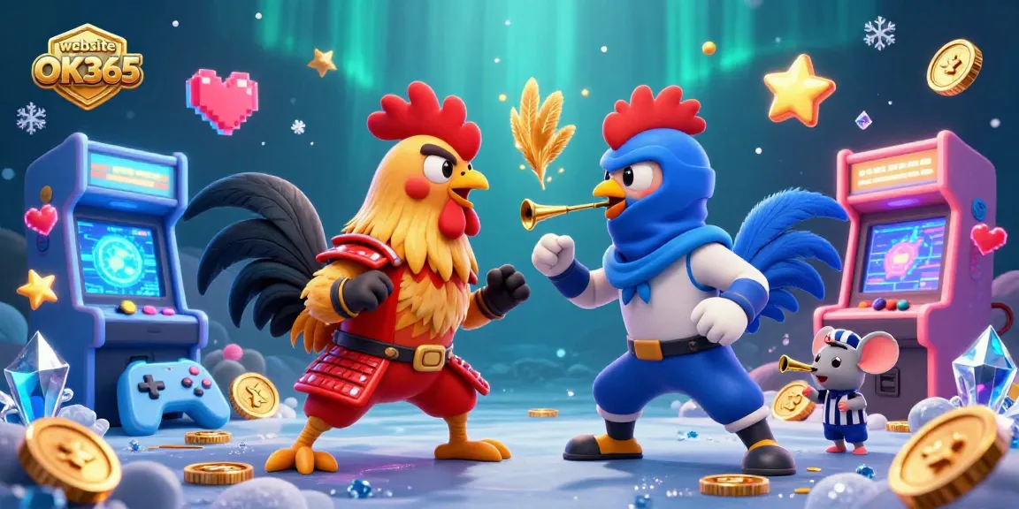Engage in the excitement of the website OK365 carnival with dynamic 3D cartoon roosters in a gambling-themed showdown.
