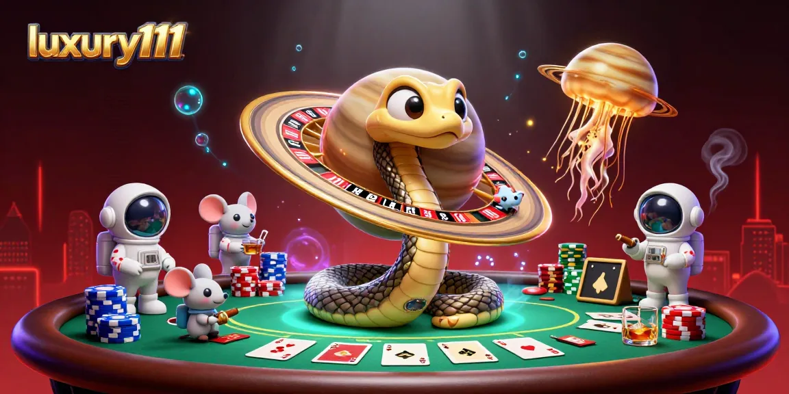 Experience the excitement of luxury111 with players at a cosmic roulette wheel and poker table.