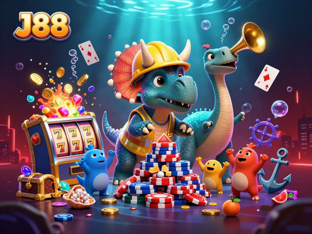 J88 casino scene with a triceratops building poker chip pyramid amidst slot machine reels and underwater treasures.