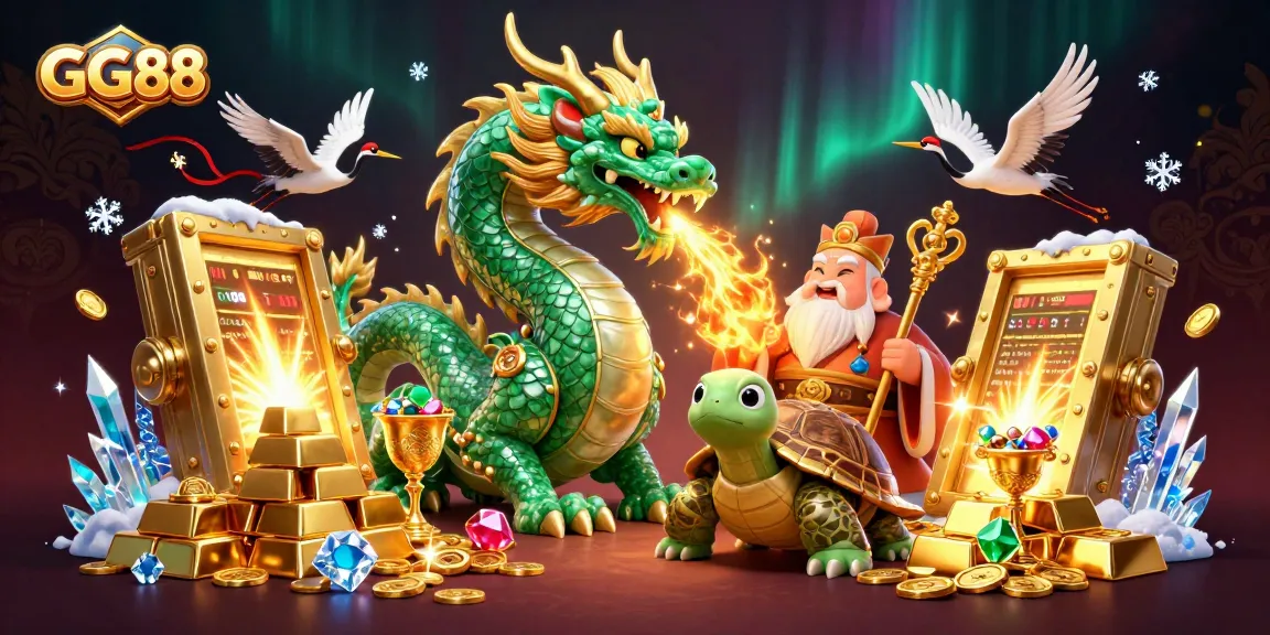 Experience the thrilling action of GG88 with a jade dragon, golden treasures, and vibrant gambling elements.