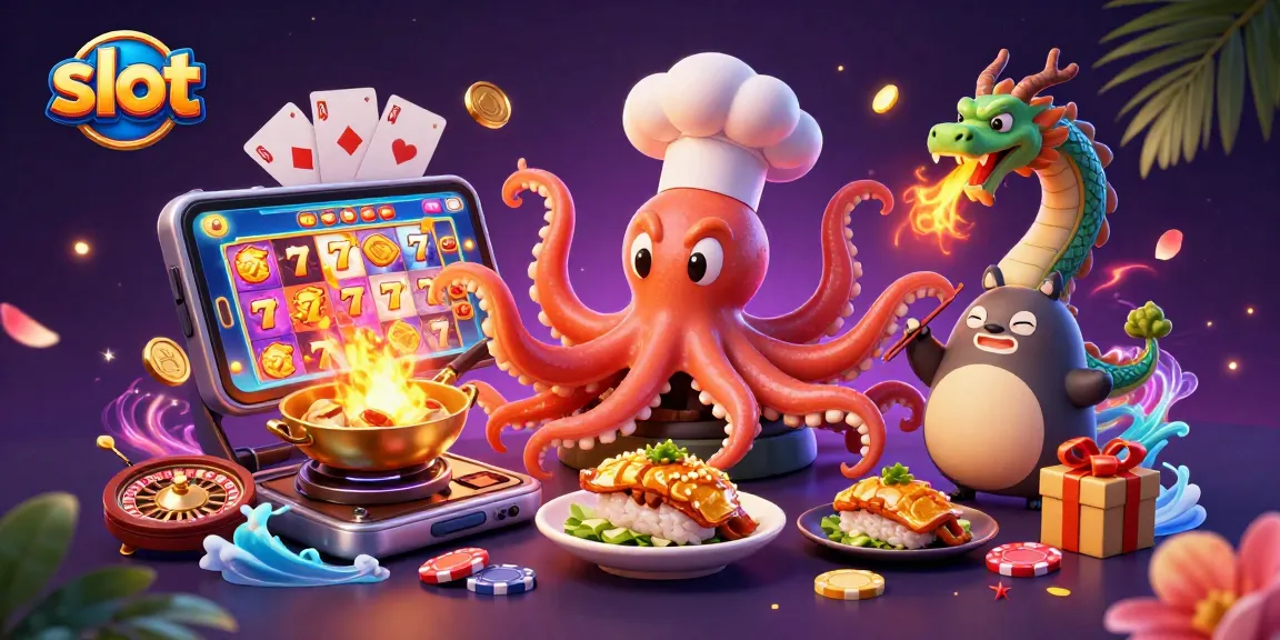 Catch exciting slot action with golden dishes and a fiery dragon in this vibrant casino illustration.