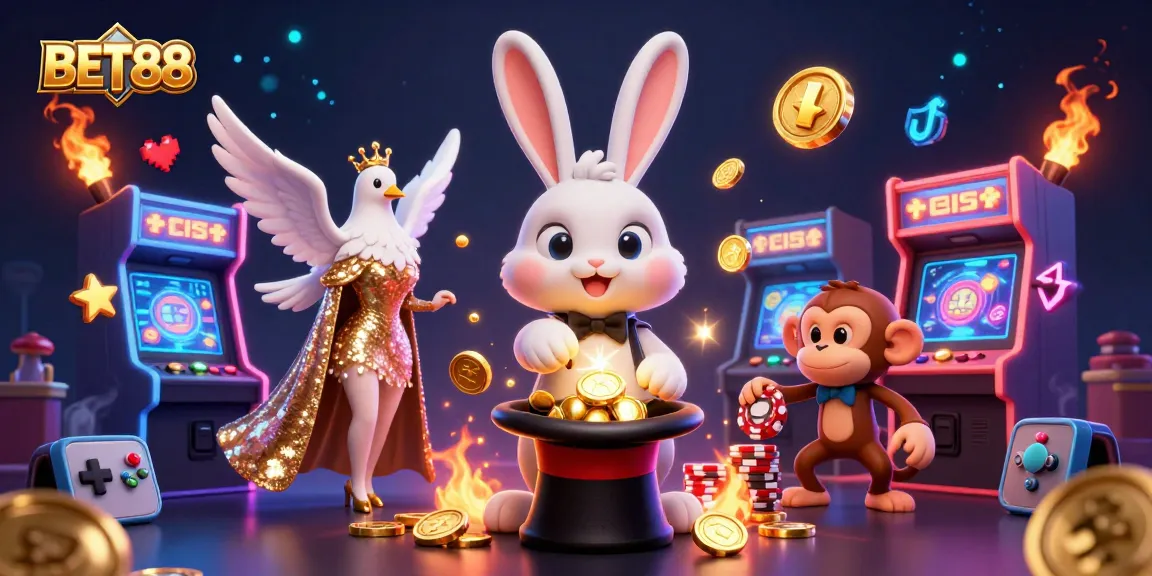 Experience thrilling gameplay at BET88 with a magician, dove, and monkey amid dazzling casino elements.