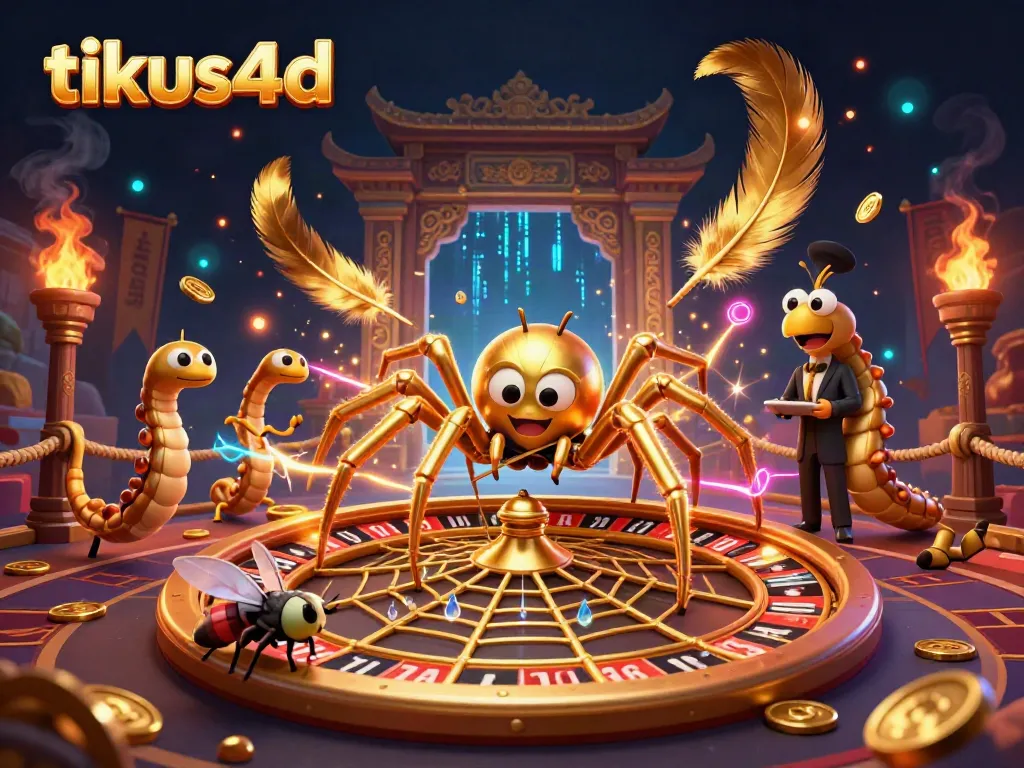 Experience thrilling gameplay with tikus4d as a golden spider spins a roulette wheel web, amidst vibrant casino elements.