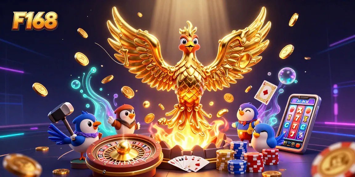 F168 offers an exciting gaming experience with a golden phoenix emerging amongst cascading coins.