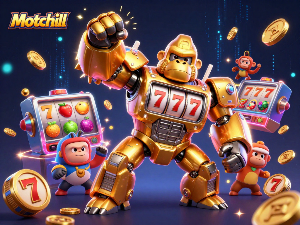 Experience the thrill of Motchill with a dynamic slot machine gorilla mech and vibrant gambling elements.