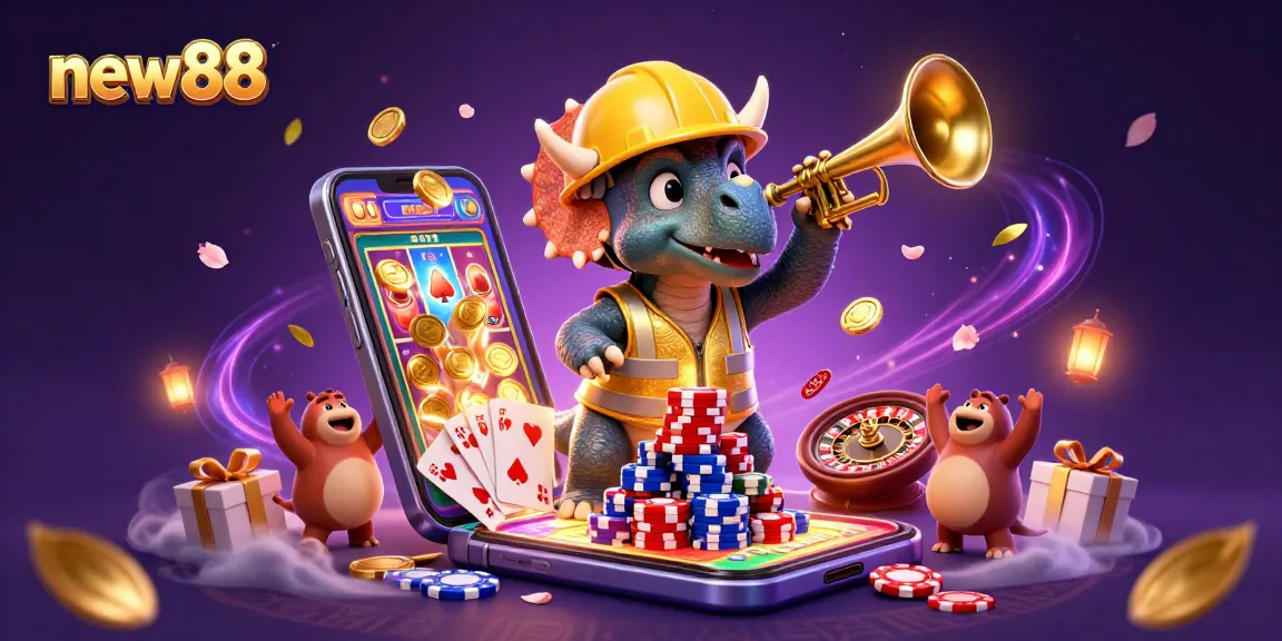 Experience the thrill of new88 with a vibrant casino scene showcasing a triceratops and parasaurolophus celebrating amidst poker chips and thrilling games.